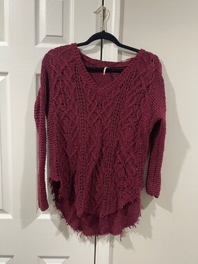 Free People Distressed Cable V-Neck Sweater - Wine